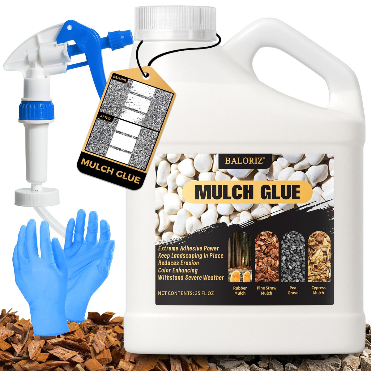 BALORIZ Mulch Glue 35oz bottle secures rocks and mulch for tidy borders.