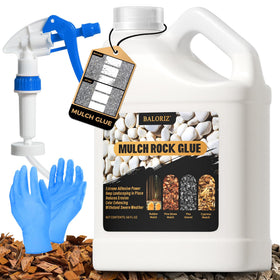 BALORIZ mulch glue bottle ready to spray stabilizes rocks and mulch for cleaner beds.