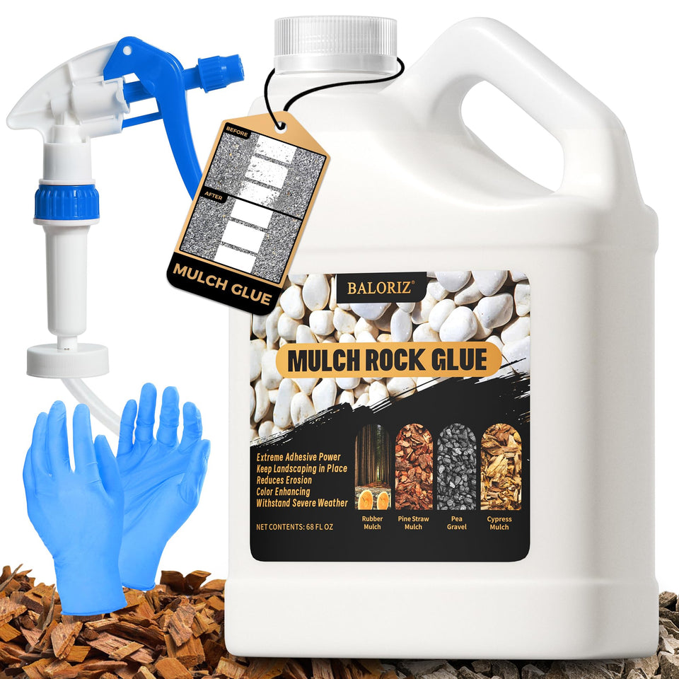 BALORIZ mulch glue bottle ready to spray stabilizes rocks and mulch for cleaner beds.