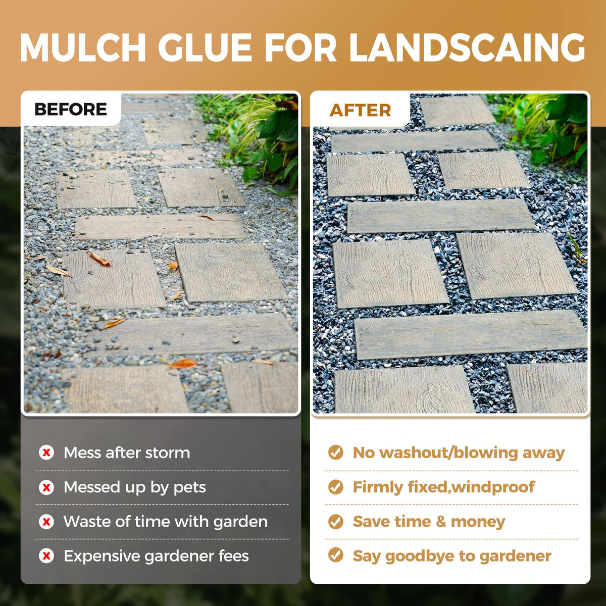 BALORIZ applicator-ready mulch glue shown in use on a garden bed.