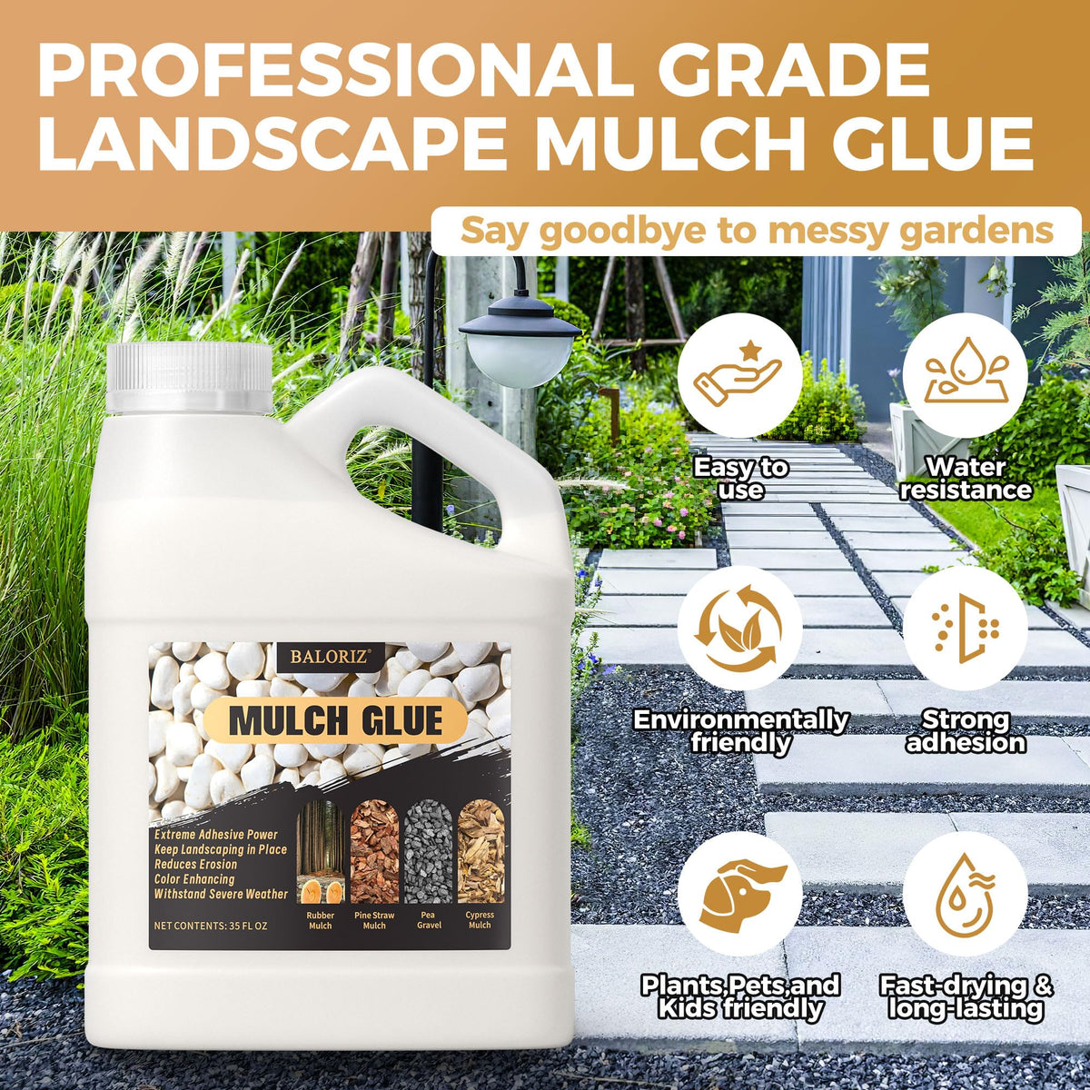 BALORIZ mulch-stabilizer coats wood chips to resist wind and movement.
