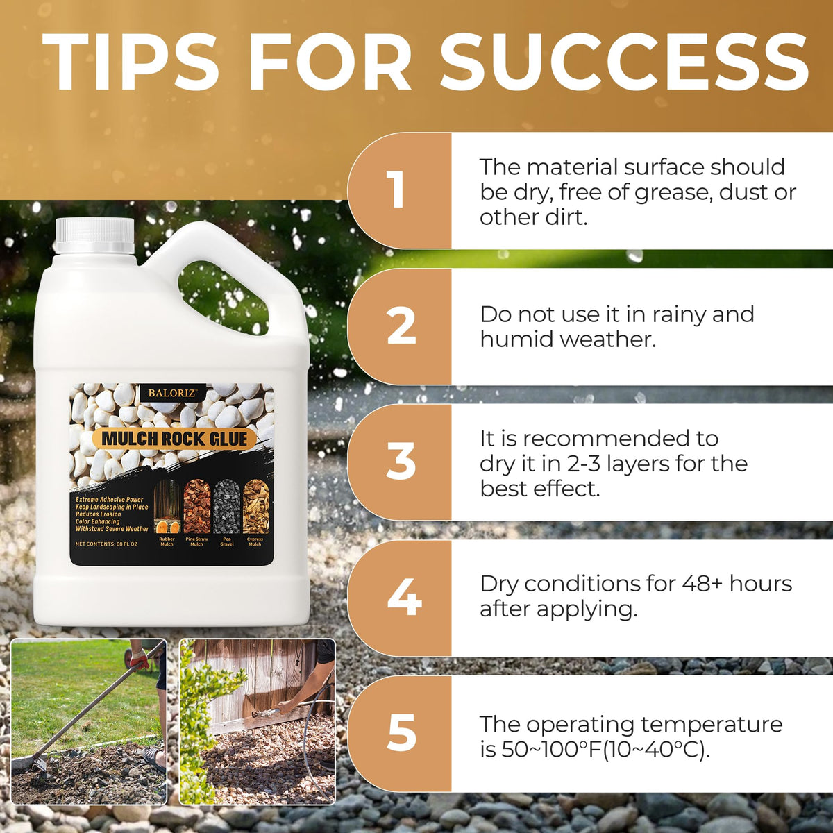 BALORIZ mulch glue works with many materials like mulch, stones, sand, and pine straw.