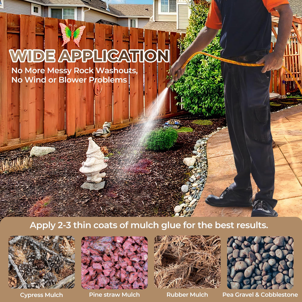 BALORIZ spray in action shows durable bond over rocks and mulch across beds.