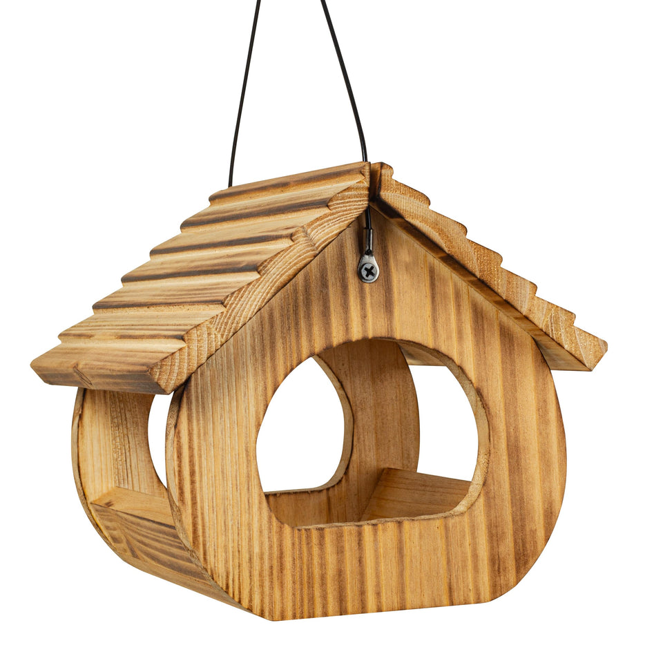 BalterFF wooden bird feeder closeup shows durable handmade design for outdoor use.