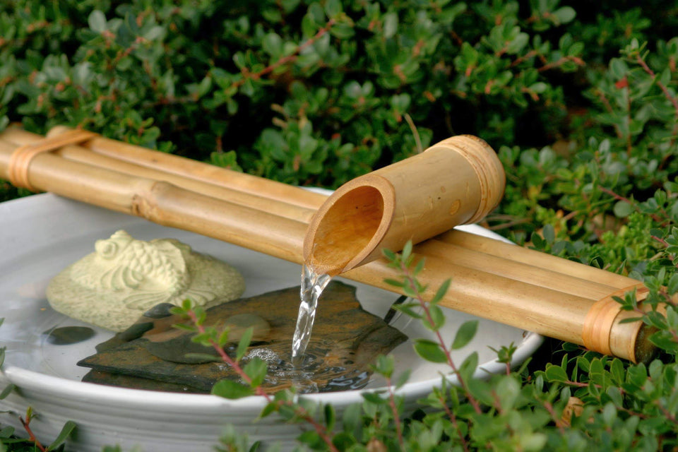 Bamboo Accents 18-inch three-arm spout fountain on a wide bowl for tranquil outdoor sound.
