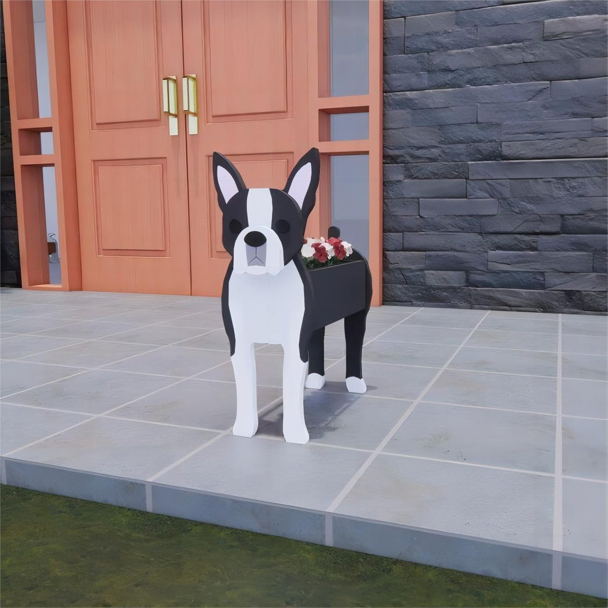 Bamboo's Grocery LoKii Boston Terrier planter, front view, adds whimsy to outdoor gardens.