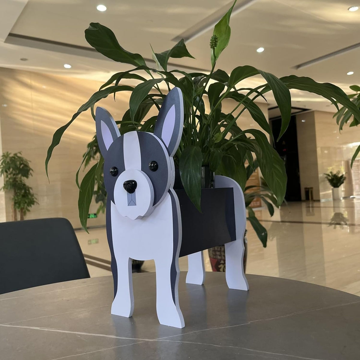 Bamboo's Grocery LoKii Boston Terrier planter, plant-friendly design, aids air circulation and drainage.
