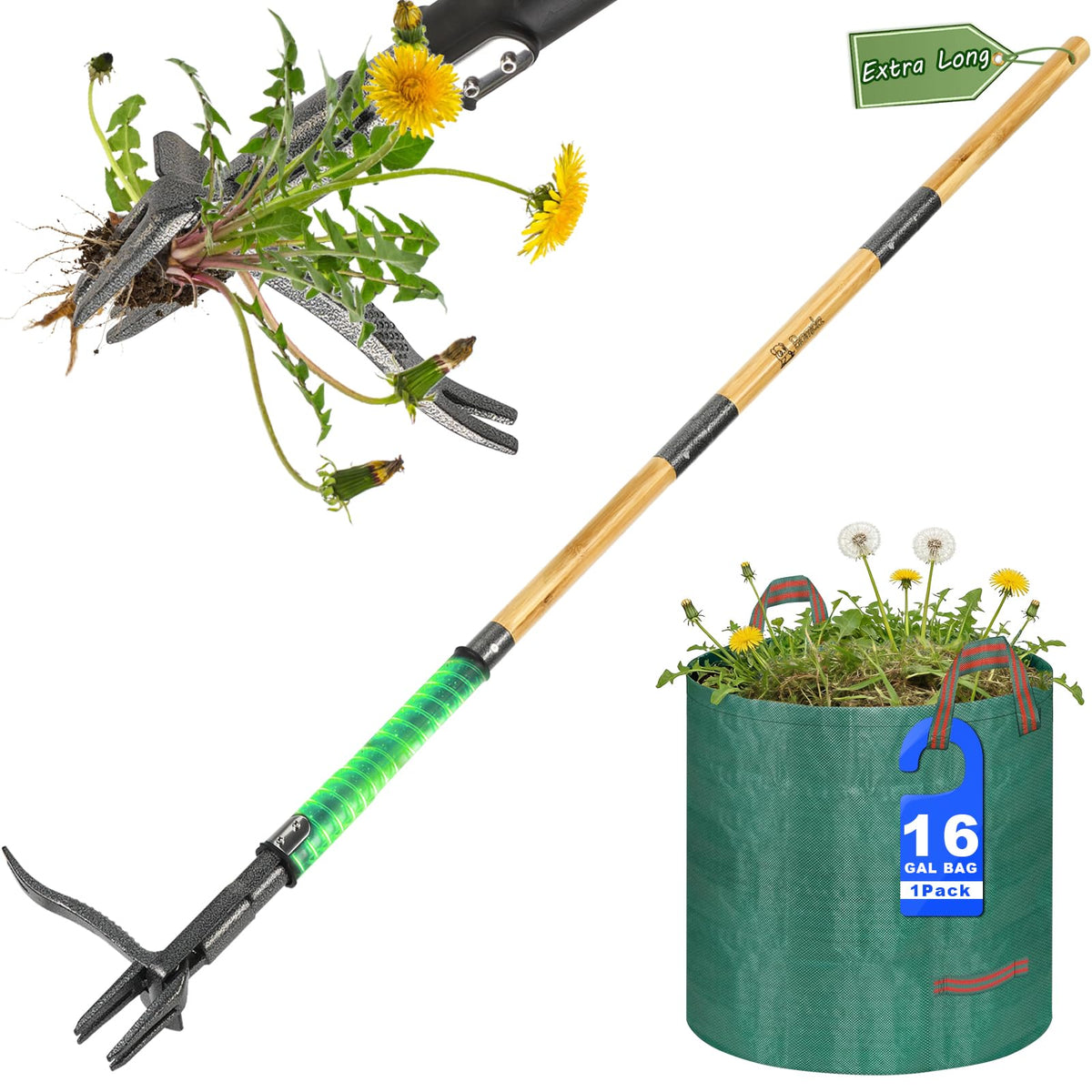 Bamda Weed Puller with 4-claw steel head for complete weed removal