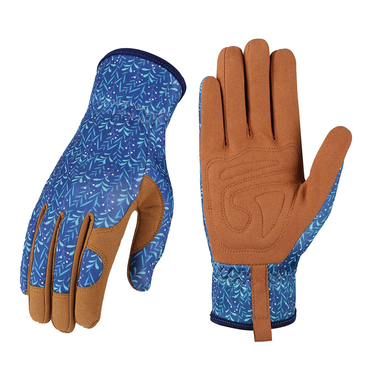 Bamllum leather gardening gloves for women; closeup palm grip improves tool control.