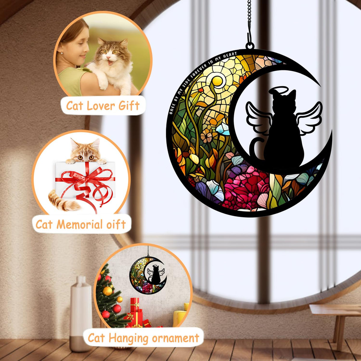 BamLue cat memorial suncatcher suits living room displays with comforting glow.