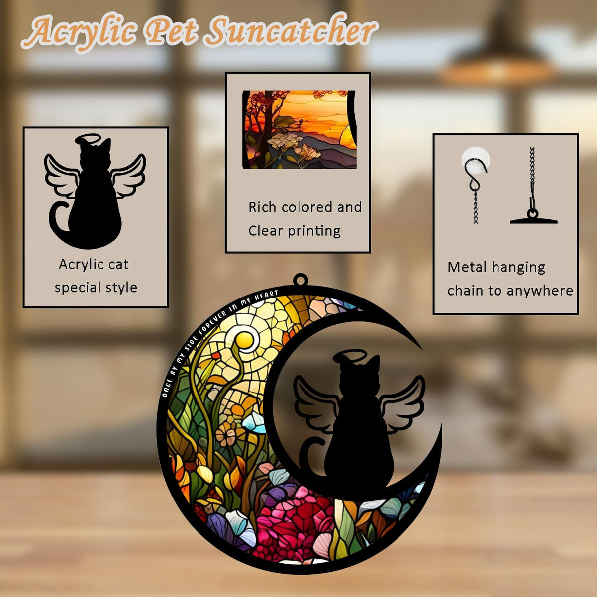 BamLue cat memorial suncatcher with metal chain hangs securely for versatile display.
