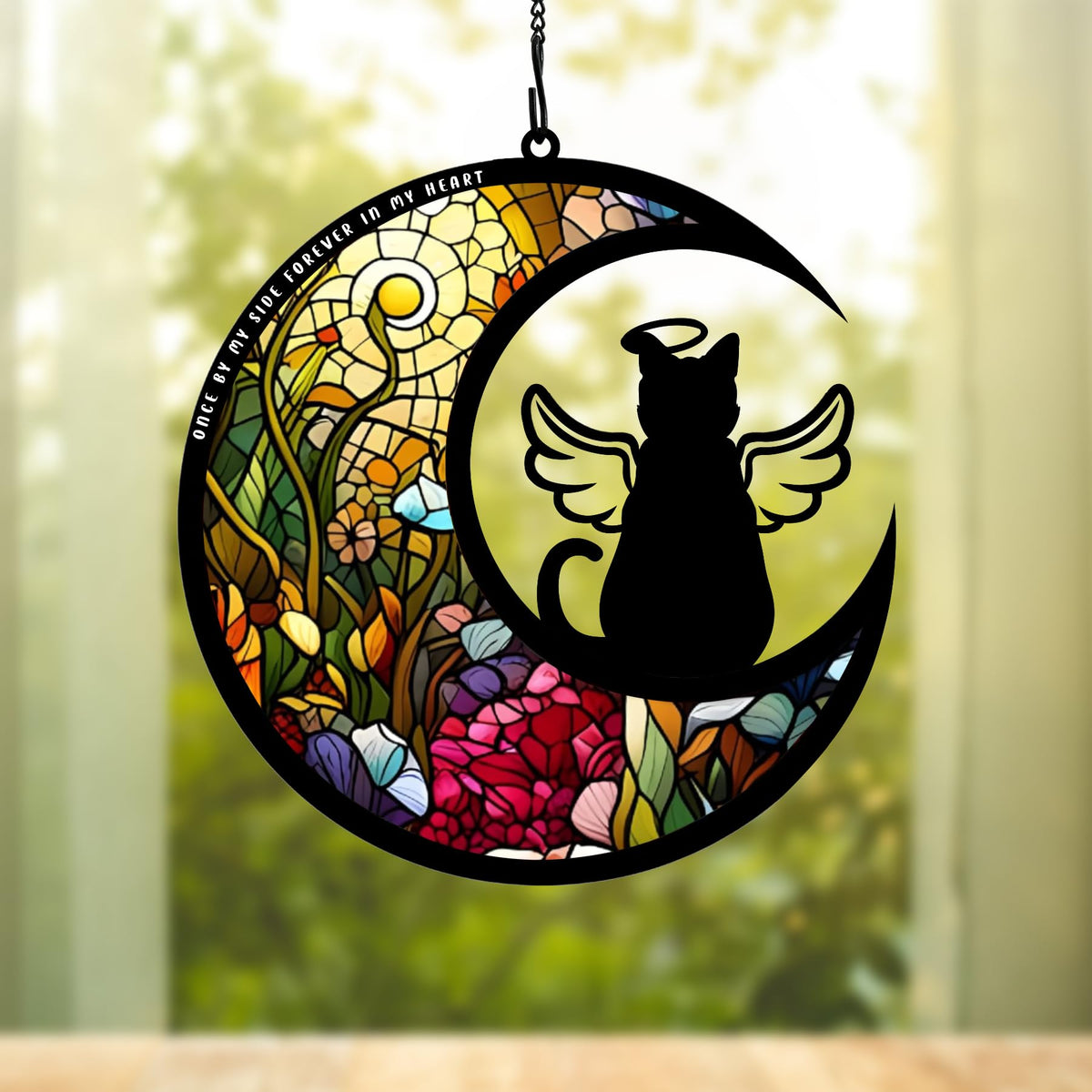 BamLue cat memorial suncatcher by window captures sunlight to create calming color play.