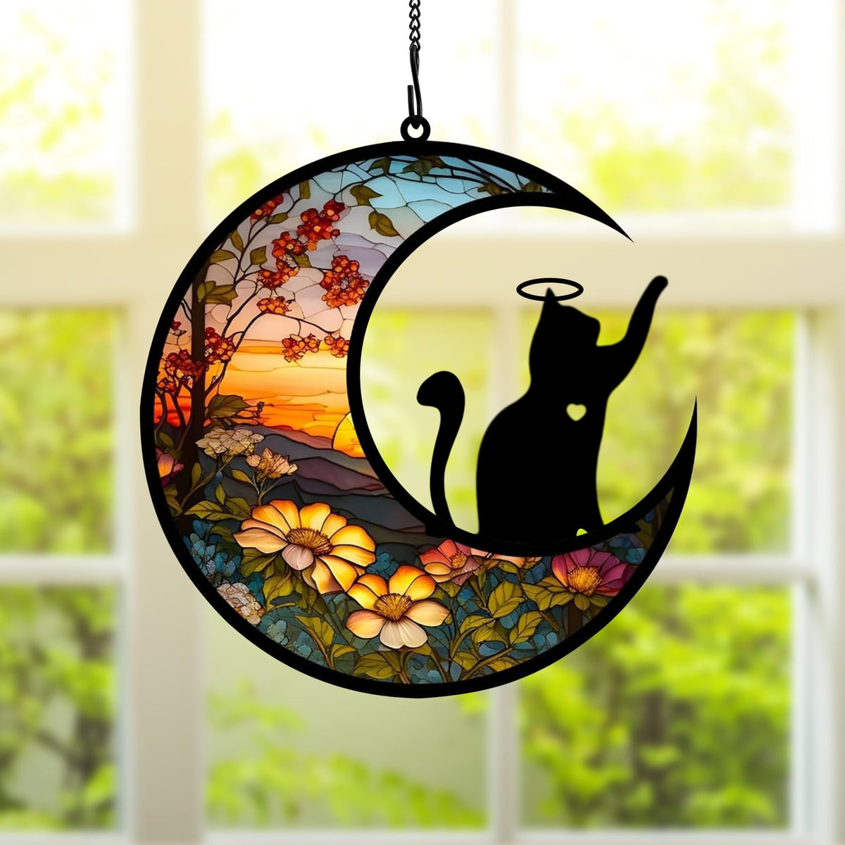 BamLue cat memorial suncatcher by window captures sunlight for soothing color glow