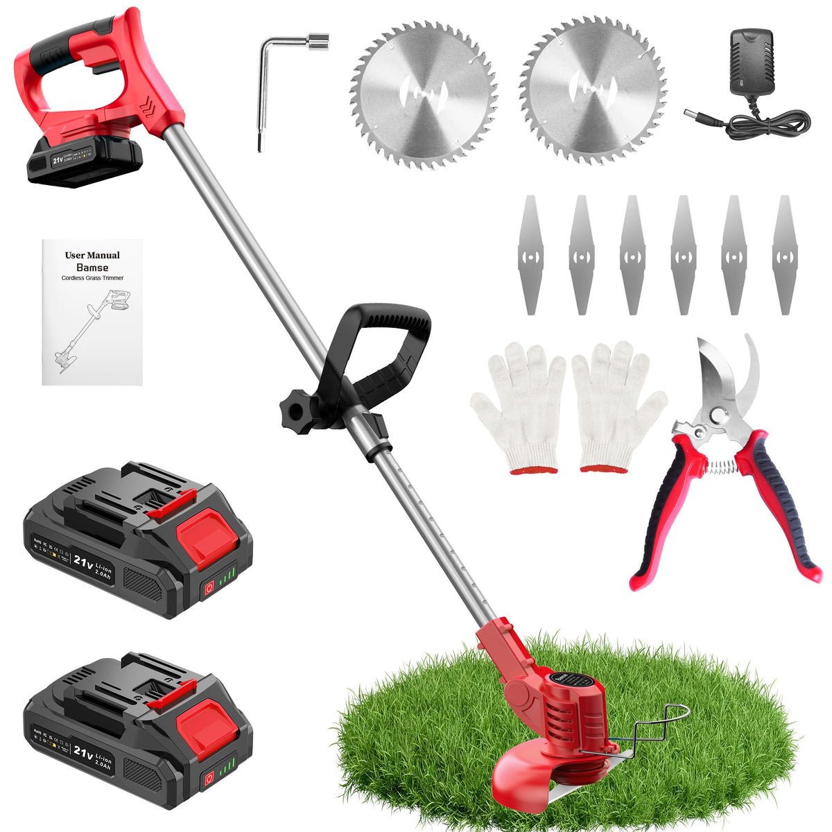 Bamse 21V weed wacker with dual blade system for versatile trimming.