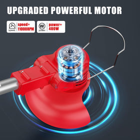 Bamse 21V weed wacker shows two batteries for longer runtime.