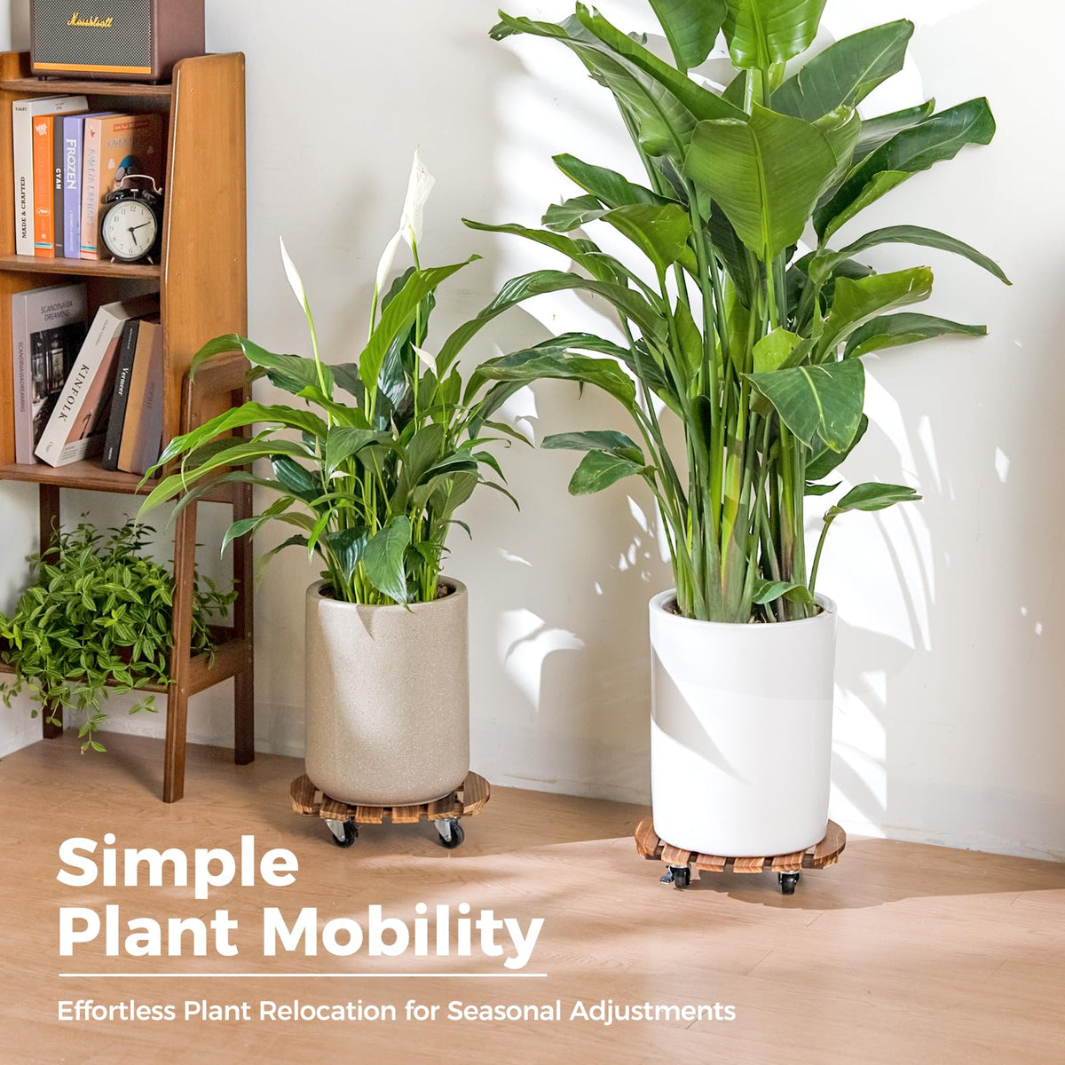 Bamworld 12in planter stand assembly showing wheel installation.