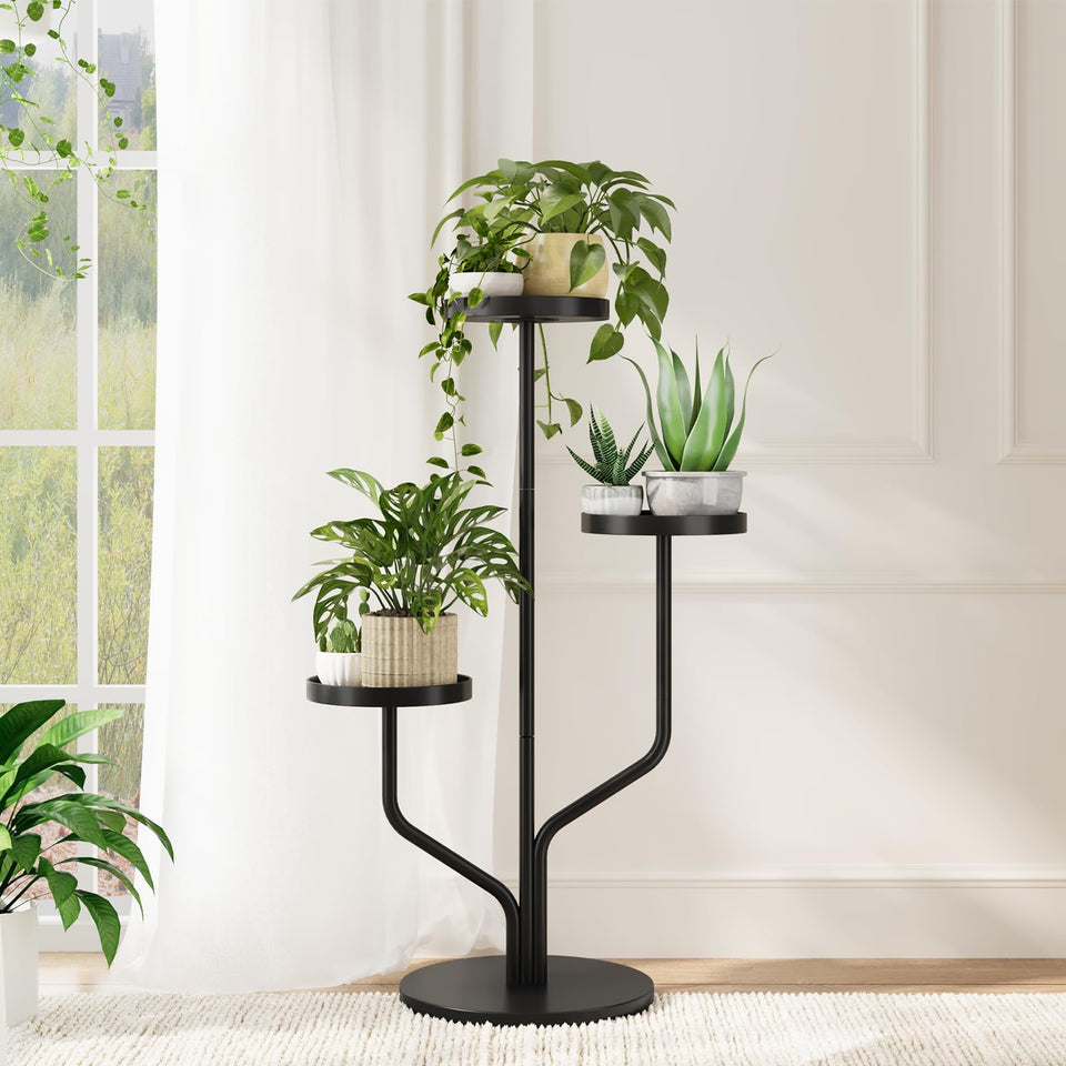 Bamworld 3-tier plant stand side view in black for indoor and outdoor display.