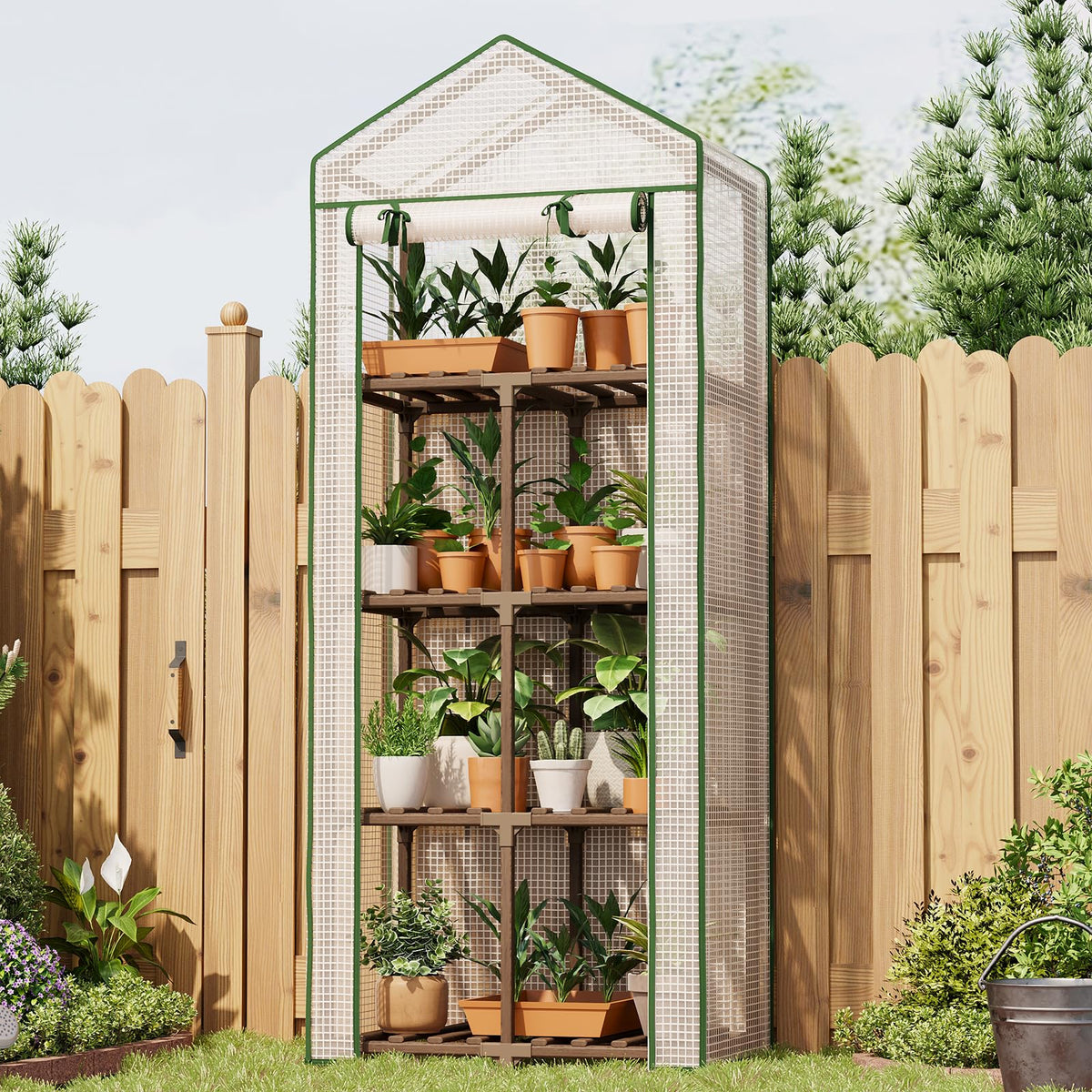 Bamworld 4-tier greenhouse frame in eucalyptus wood for sturdy outdoor use.