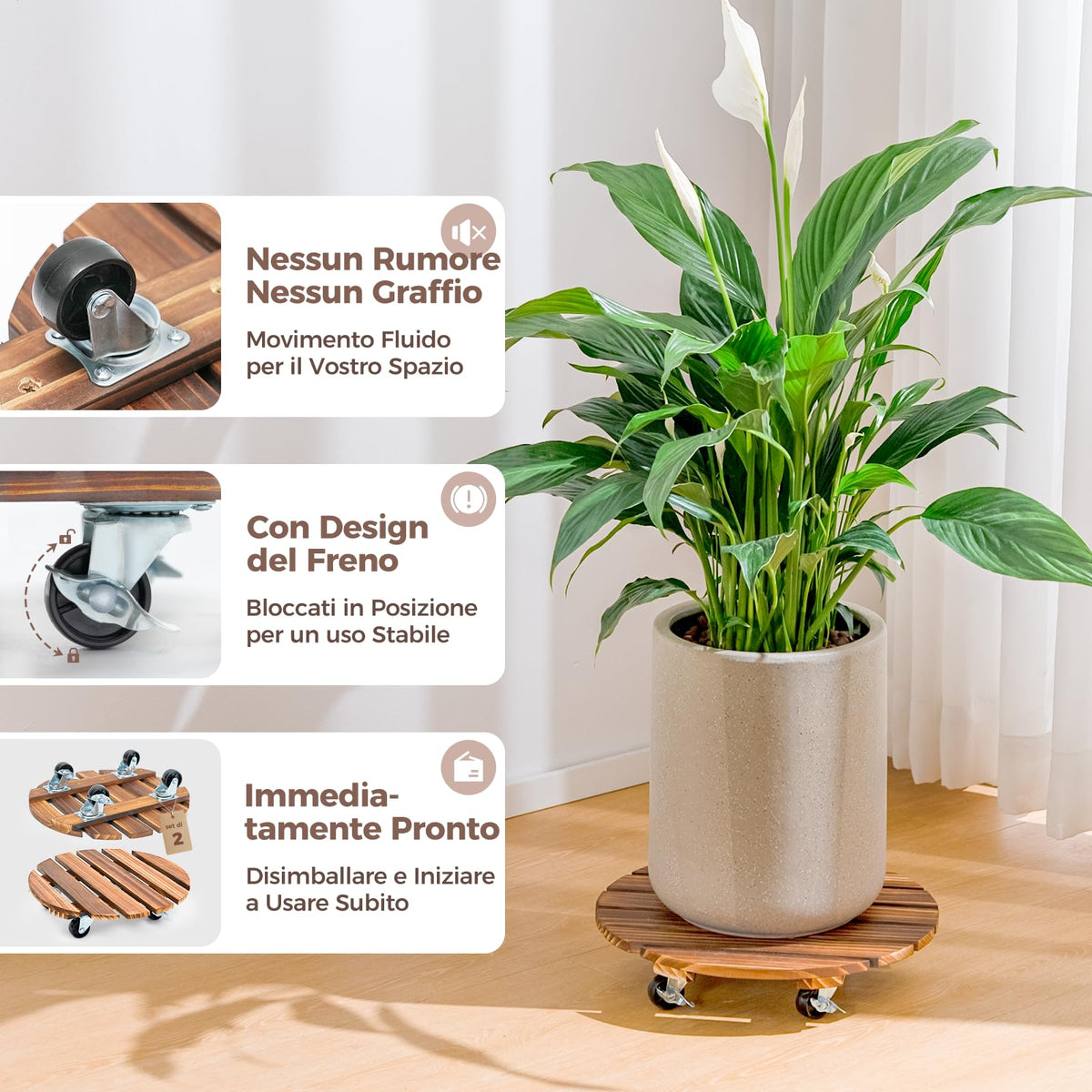 Bamworld acacia wood plant caddy supports up to 240 lbs for heavy planters.