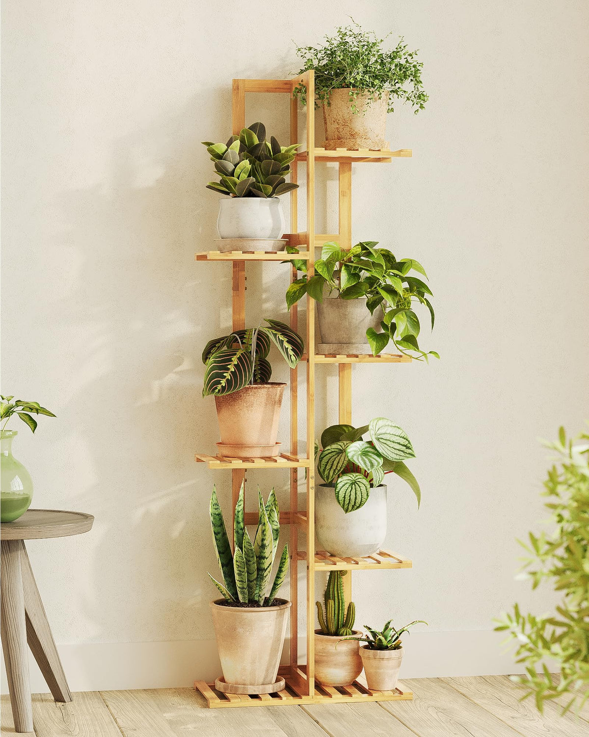 Bamworld bamboo plant stand side view highlighting sturdy frame for versatile corner placement