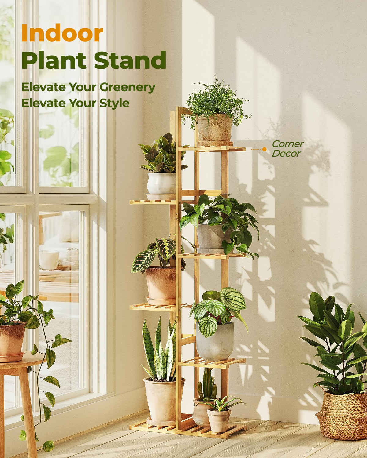 Bamworld bamboo plant stand close up of natural bamboo grain with eco friendly finish