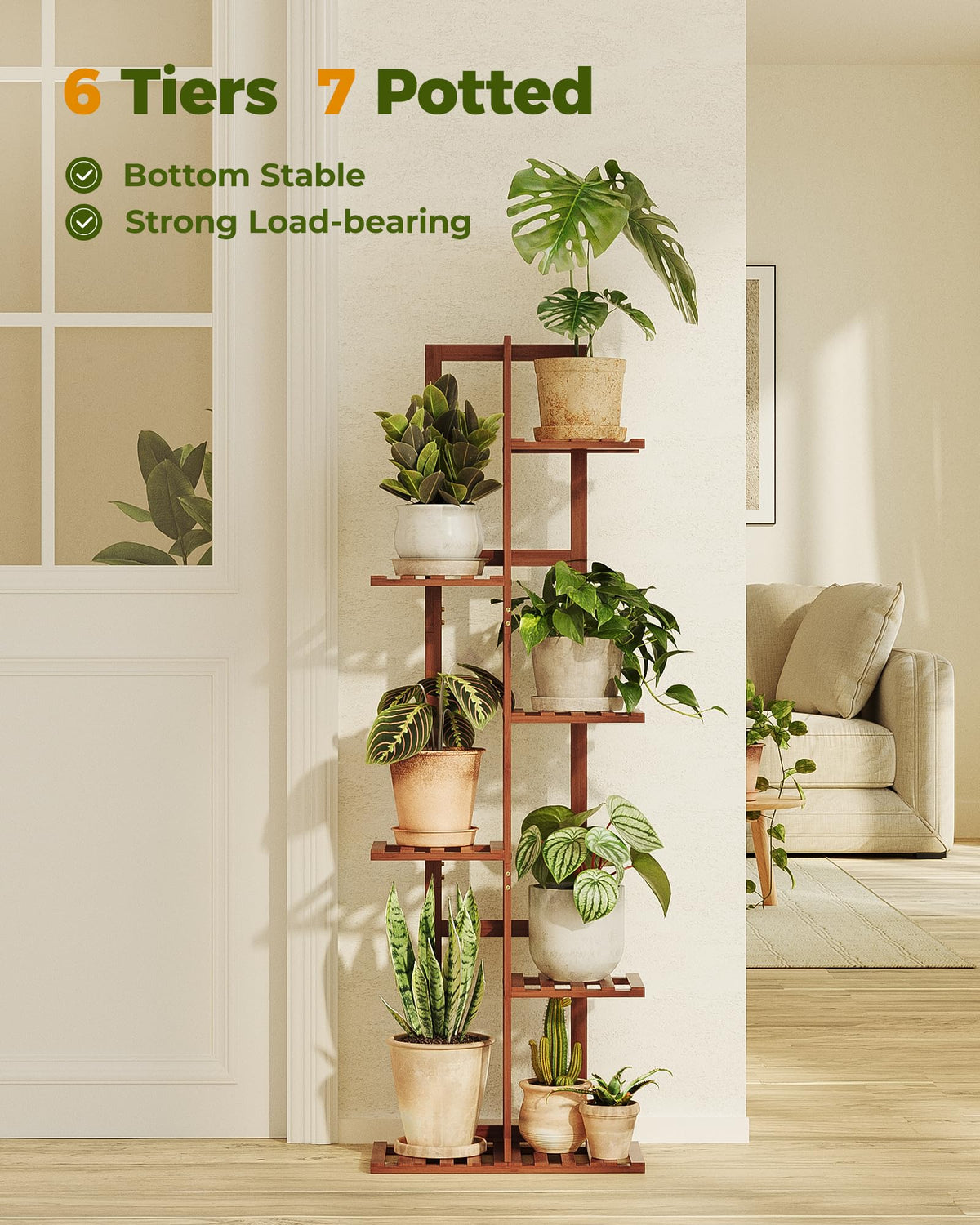 Six-tier bamboo shelf supports varied plant heights for sunlight balance