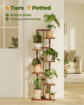 Six-tier bamboo shelf supports varied plant heights for sunlight balance