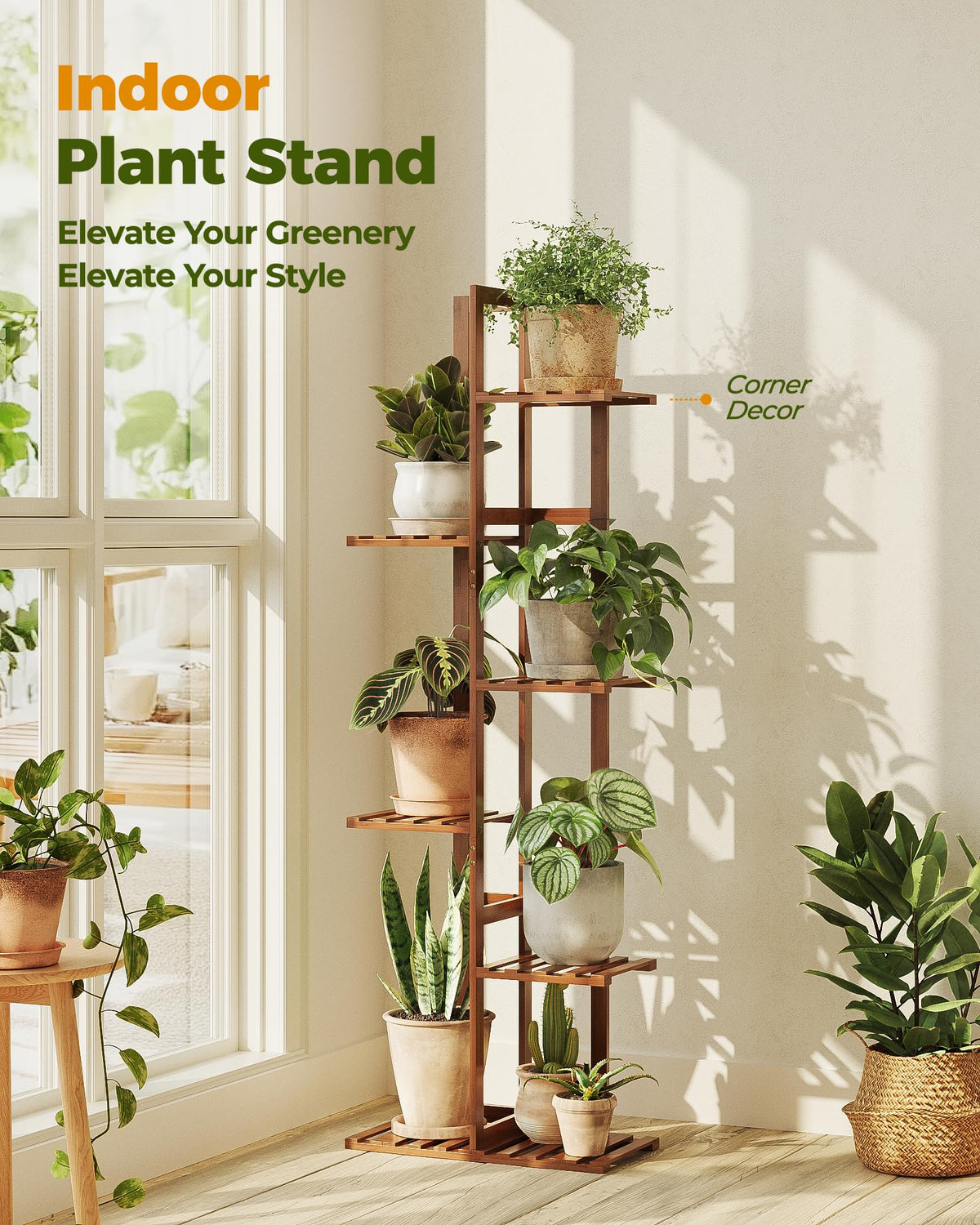 Bamworld indoor-outdoor corner rack organized for living room aesthetics