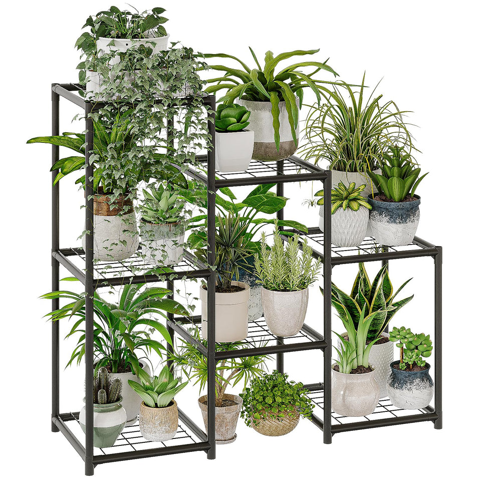 Bamworld black 3-tier plant stand displaying multiple pots for space-saving décor