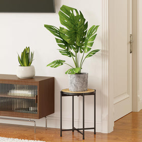 Bamworld boho corner plant table elevates greenery while saving floor space.