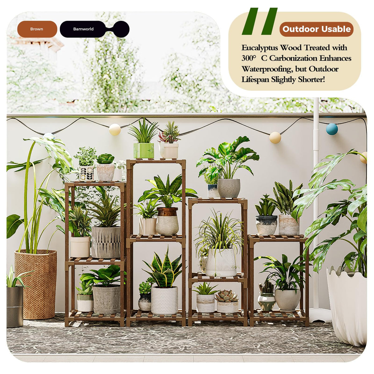 Bamworld carbonized eucalyptus wood provides durable, water resistant frame for plants.