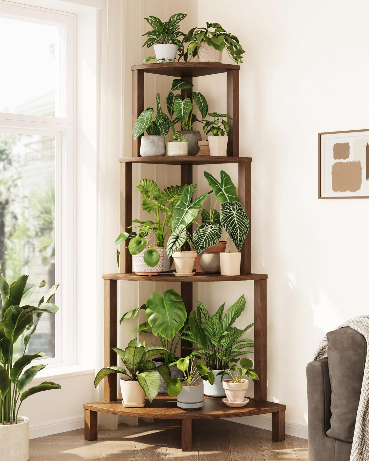 Bamworld Corner Plant Shelf 4-Tier, fully assembled tall display for living spaces