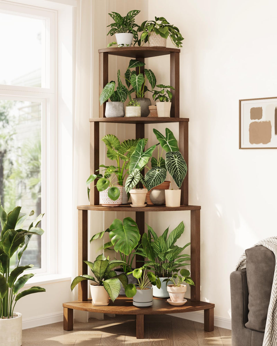 Bamworld Corner Plant Shelf 4-Tier, fully assembled tall display for living spaces