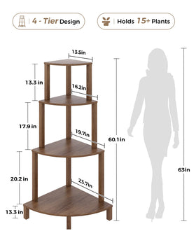 Bamworld Corner Plant Shelf 4-Tier side view shows sturdy wooden frame