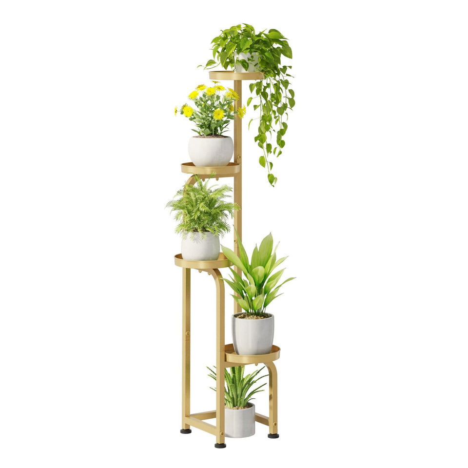 Bamworld corner plant stand with four-tier gold design for indoor corner display.