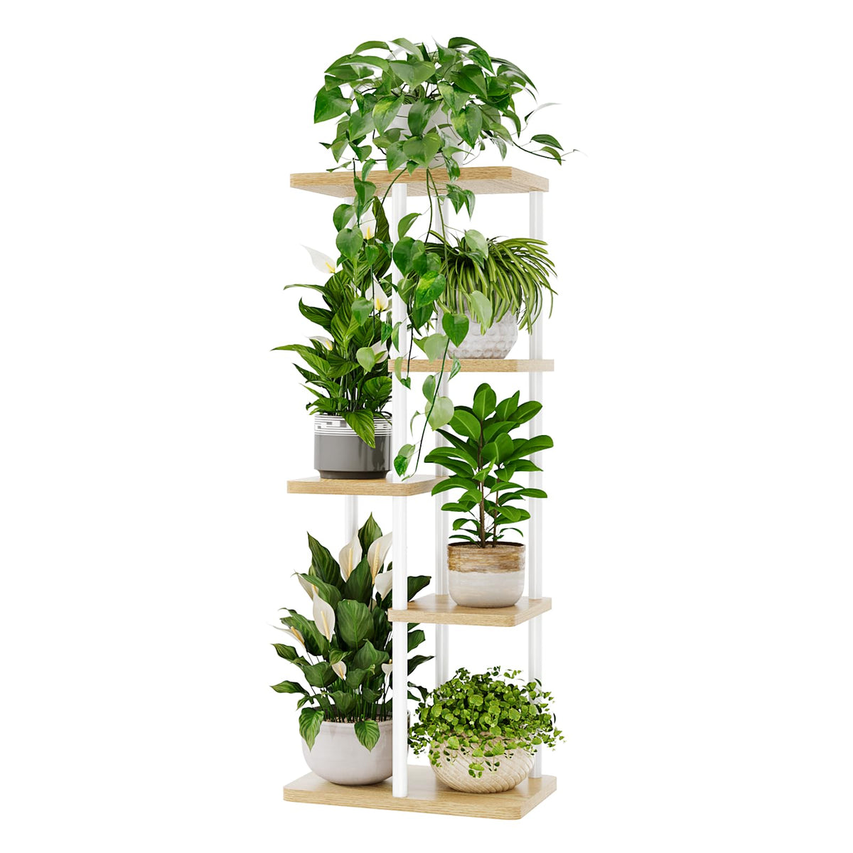 Bamworld corner plant stand 5-tier white showcases compact storage for indoor plants.