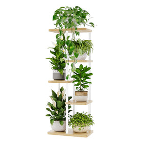 Bamworld corner plant stand 5-tier white showcases compact storage for indoor plants.