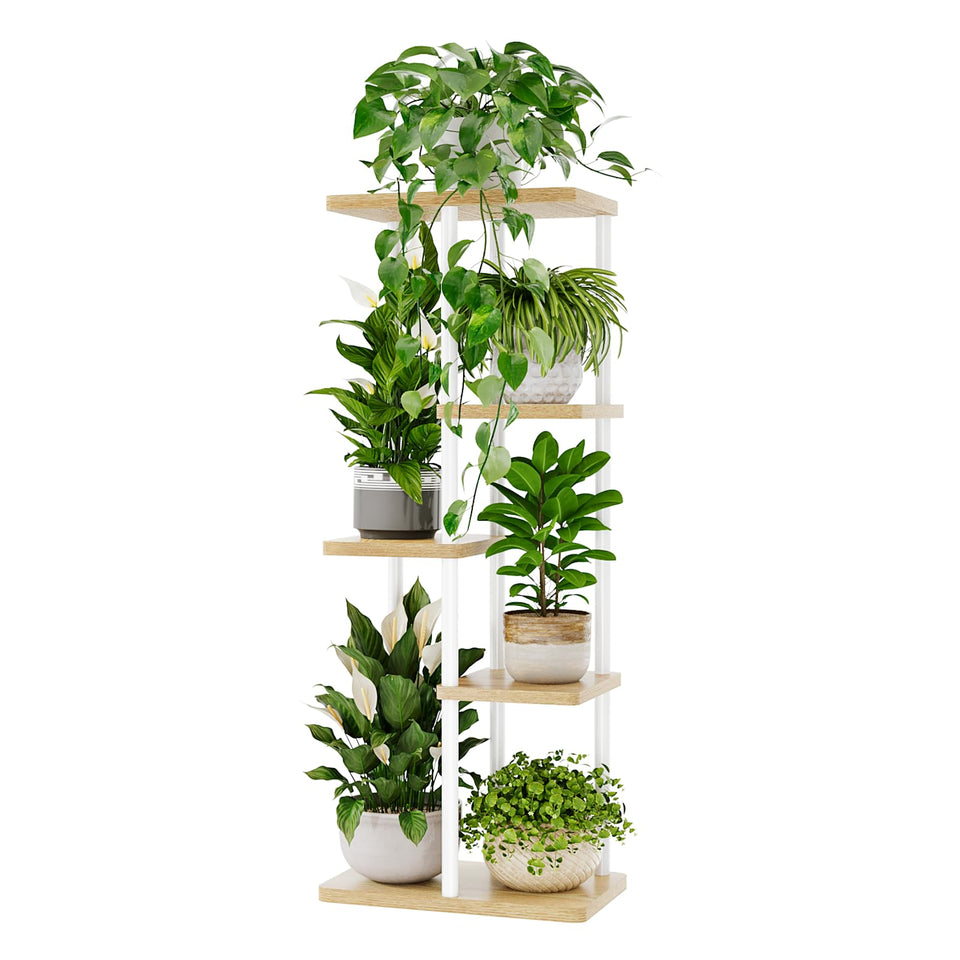 Bamworld corner plant stand 5-tier white showcases compact storage for indoor plants.