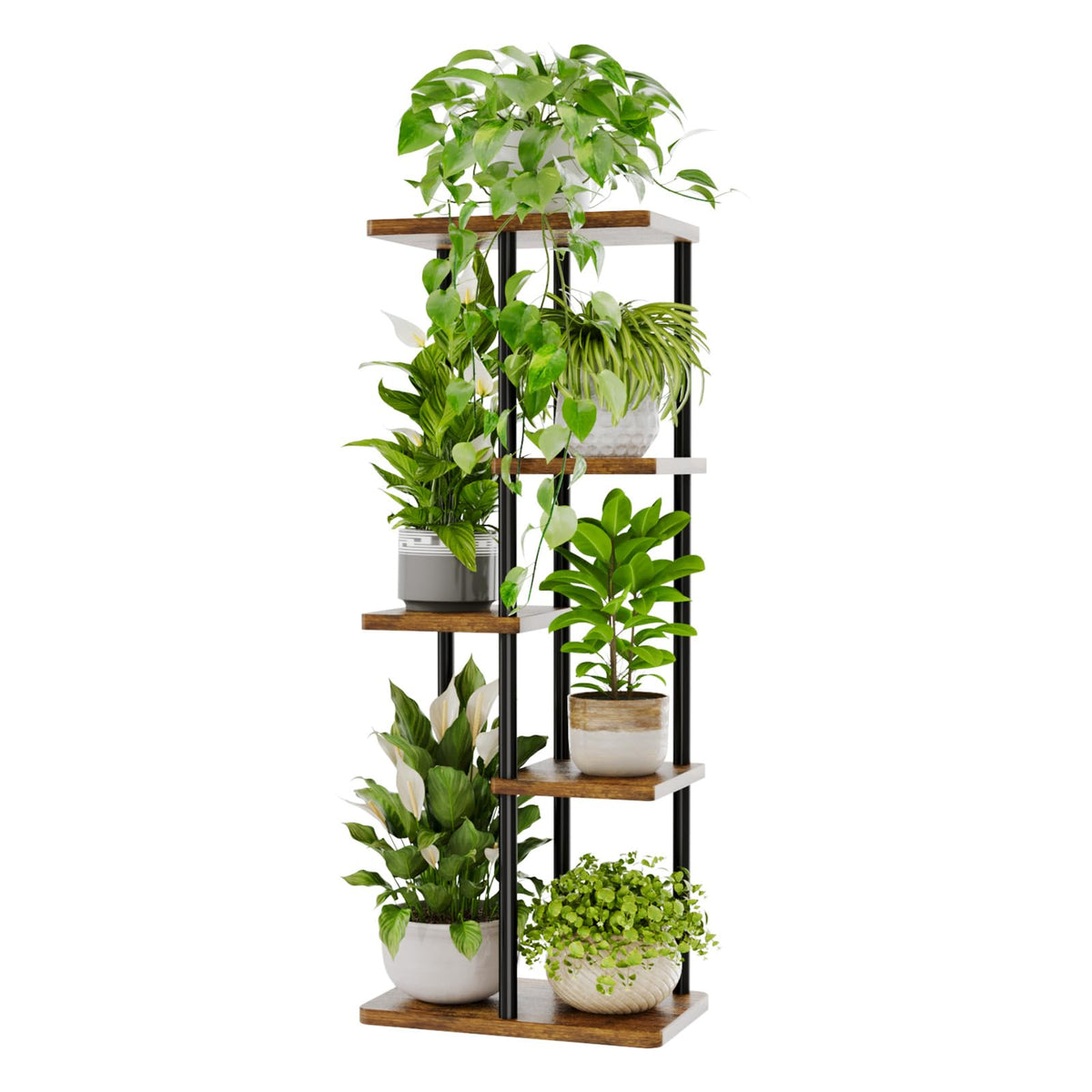 Bamworld corner plant stand 5-tier displays lush plants in a compact living room corner.