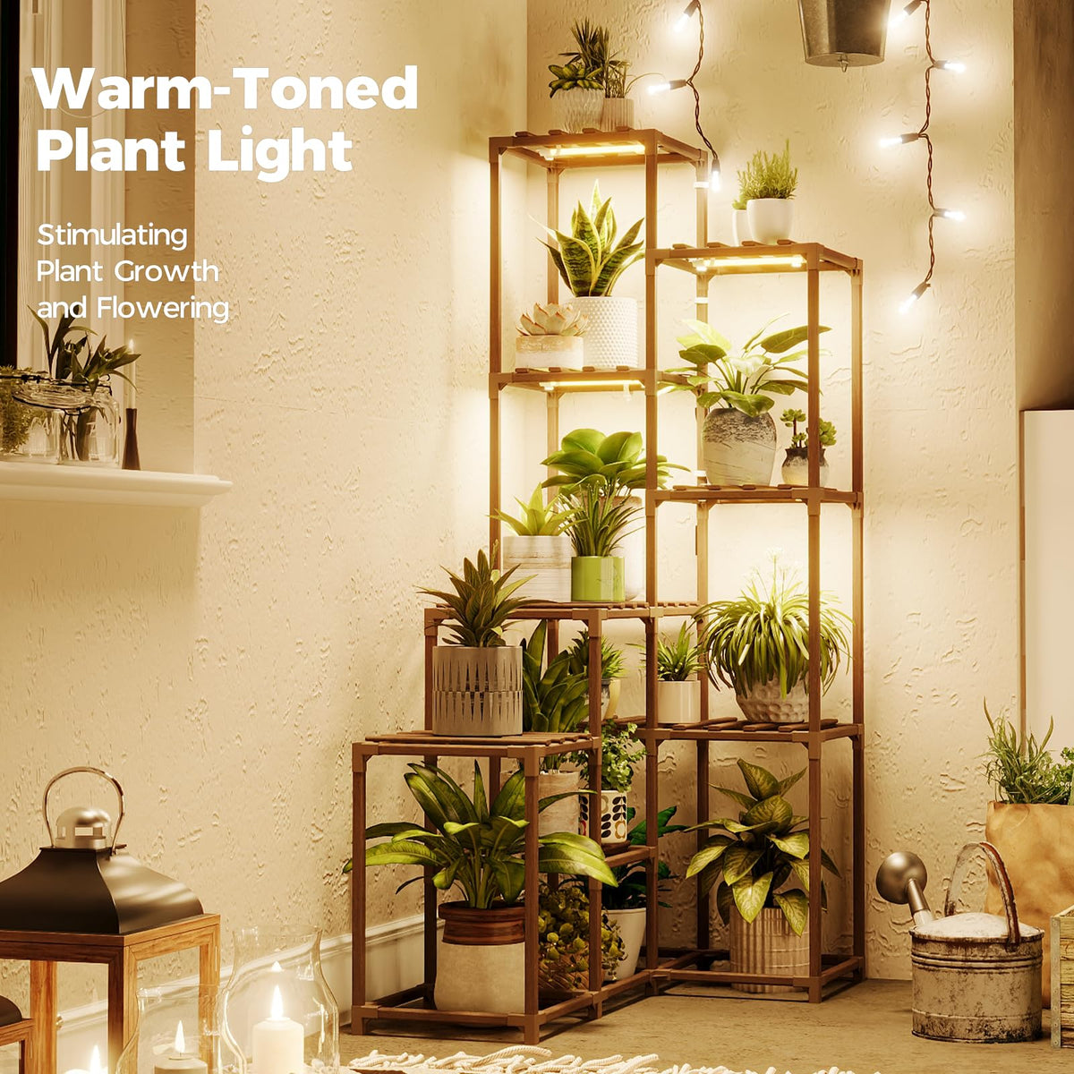 Bamworld corner plant stand with grow light – side view showing slim footprint