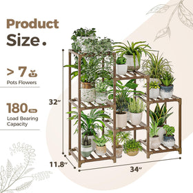 Bamworld wooden rack outdoors on a patio with thriving plants.