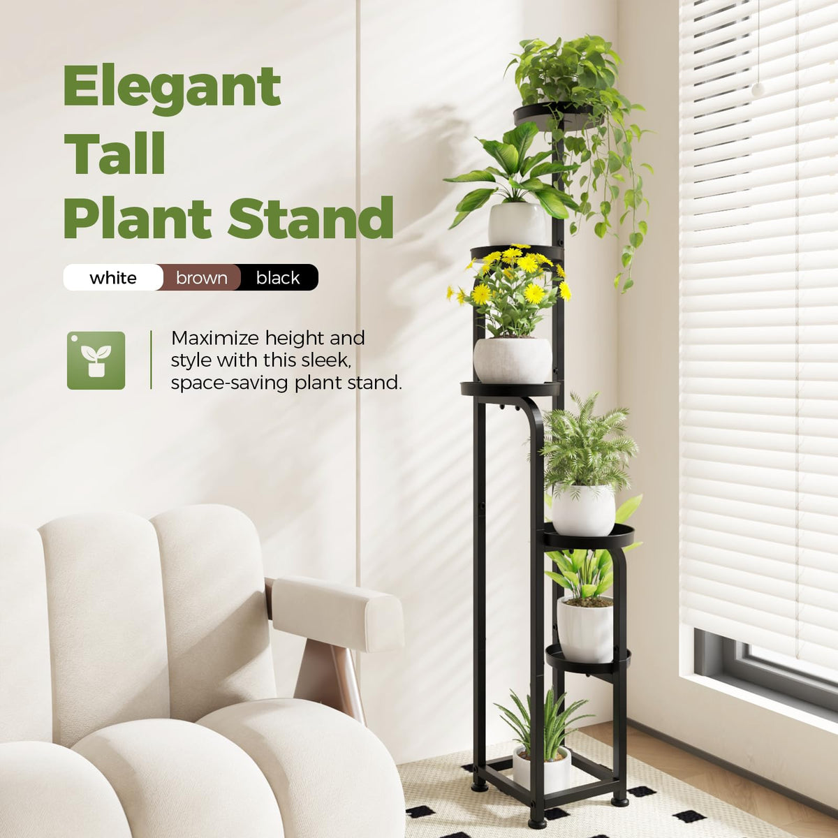 Bamworld five-tier metal shelf highlights staggered layout for sunlit plant arrangement.