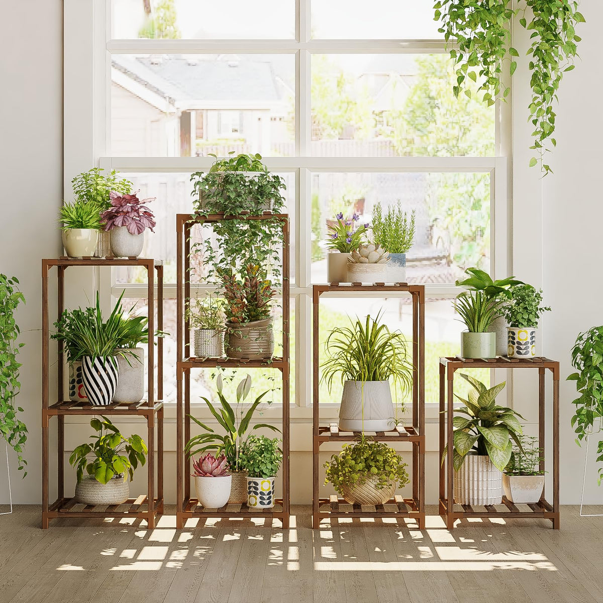 Bamworld four-sets plant stands offer modular display for flexible indoor decor.