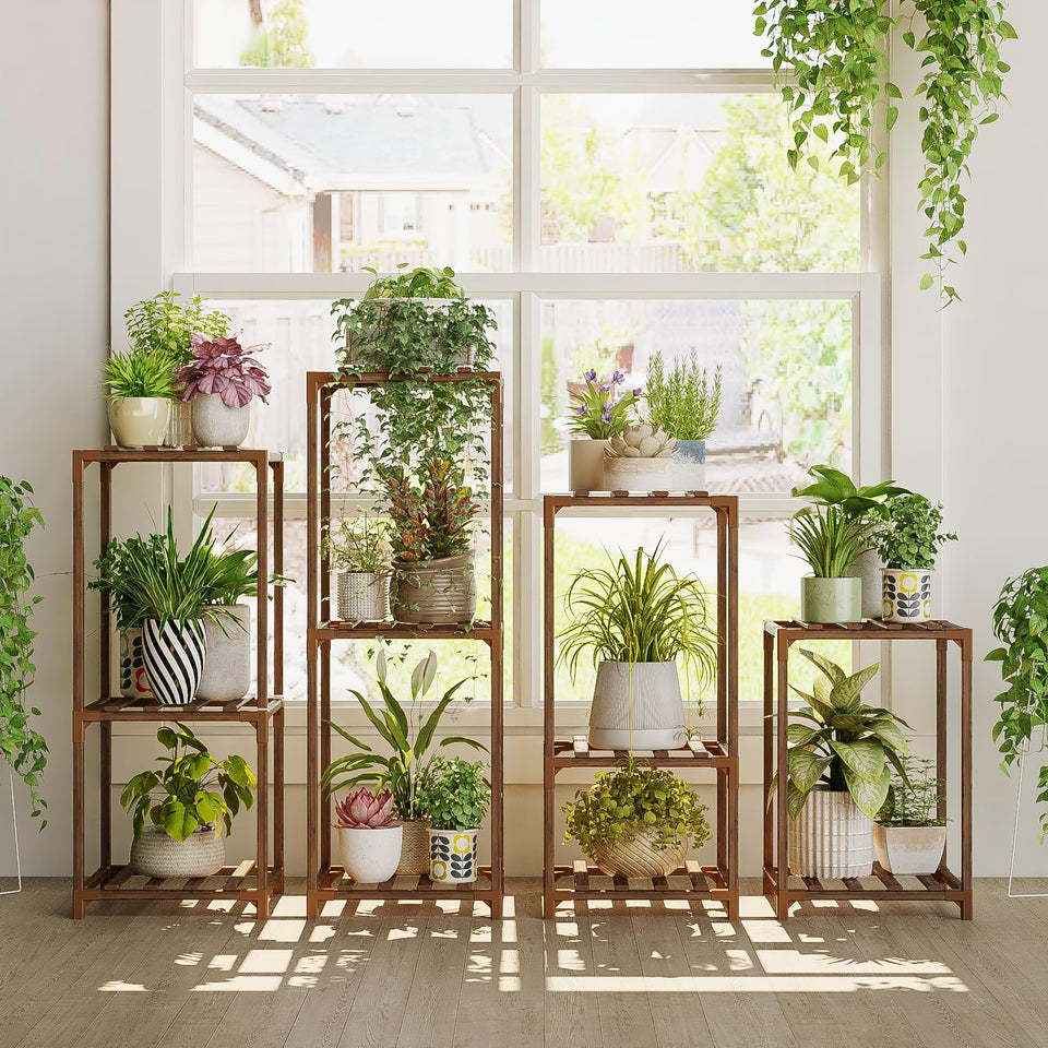 Bamworld four-sets plant stands offer modular display for flexible indoor decor.