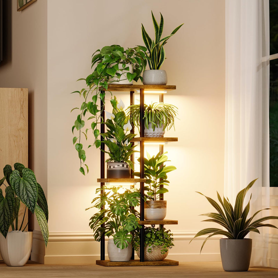 Bamworld grow-light corner stand front view showing compact vertical plant display for indoors.