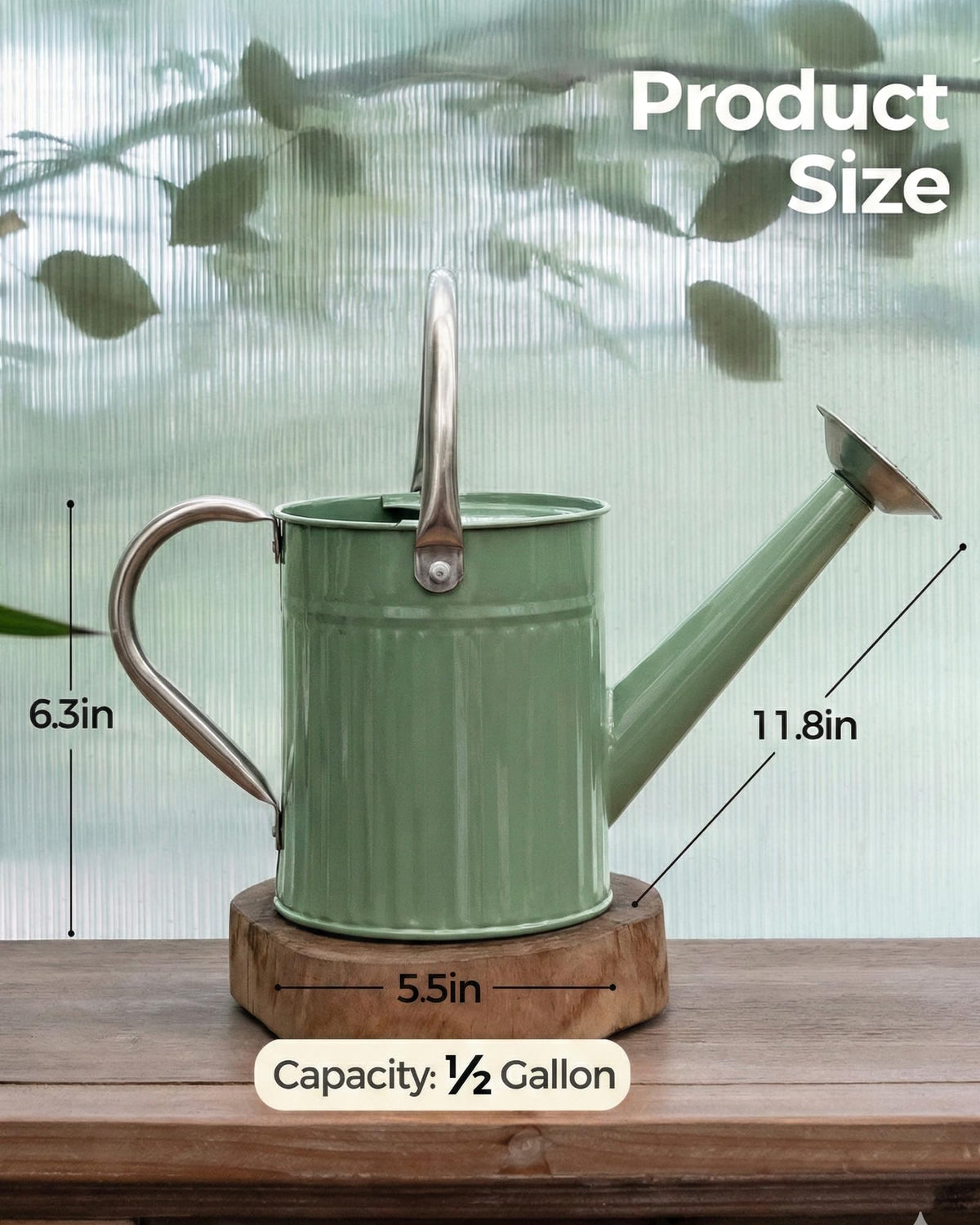 Bamworld half-gallon watering can in creamy green finish enhances any space.