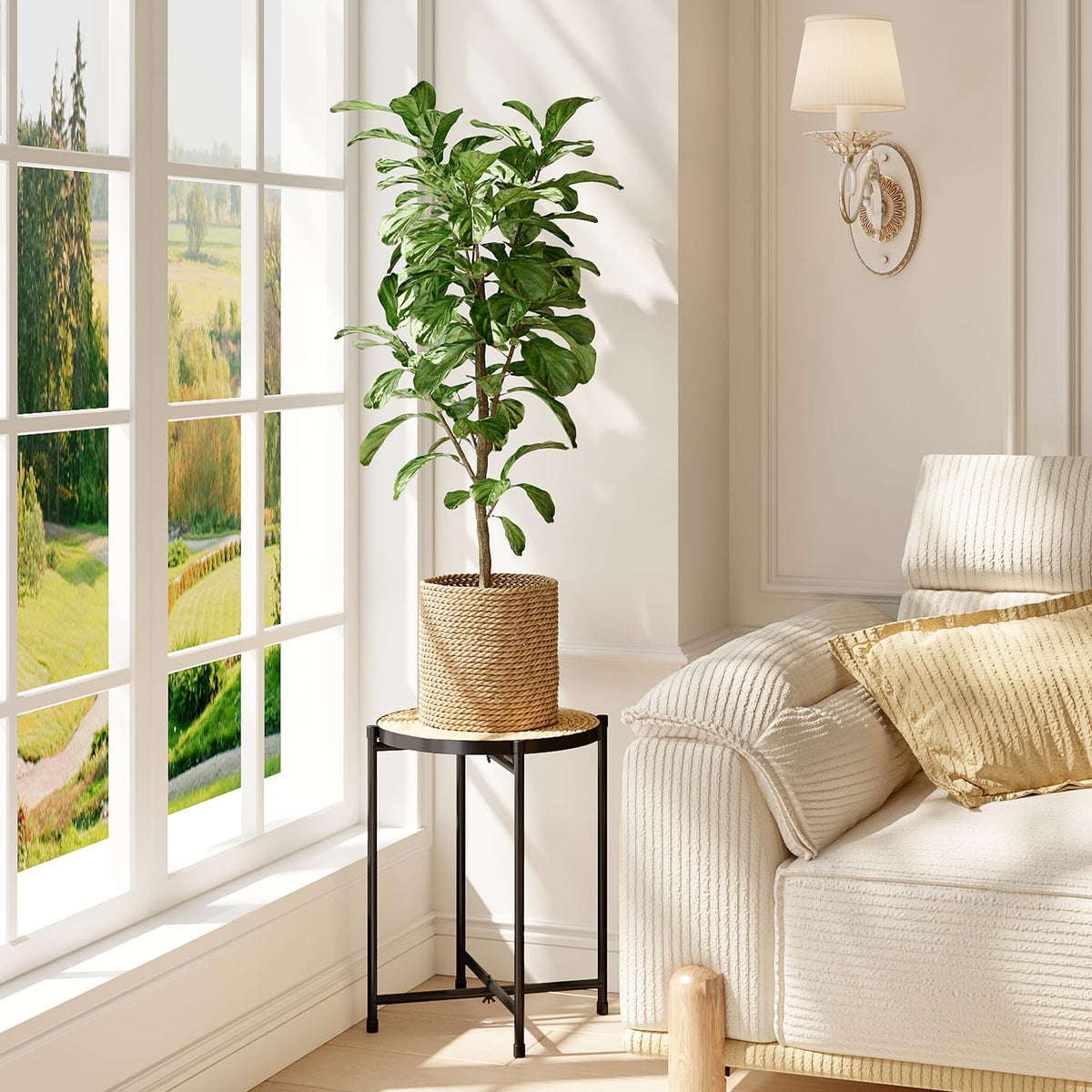 Bamworld handwoven rattan stand adds boho charm to corner plant arrangements.