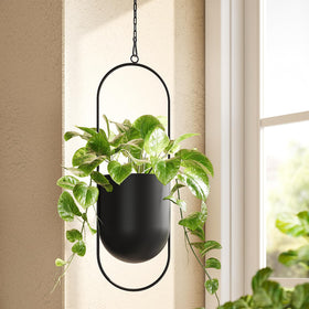 Bamworld hanging planter with metal frame and 5.5-inch opening, ideal for versatile placement.