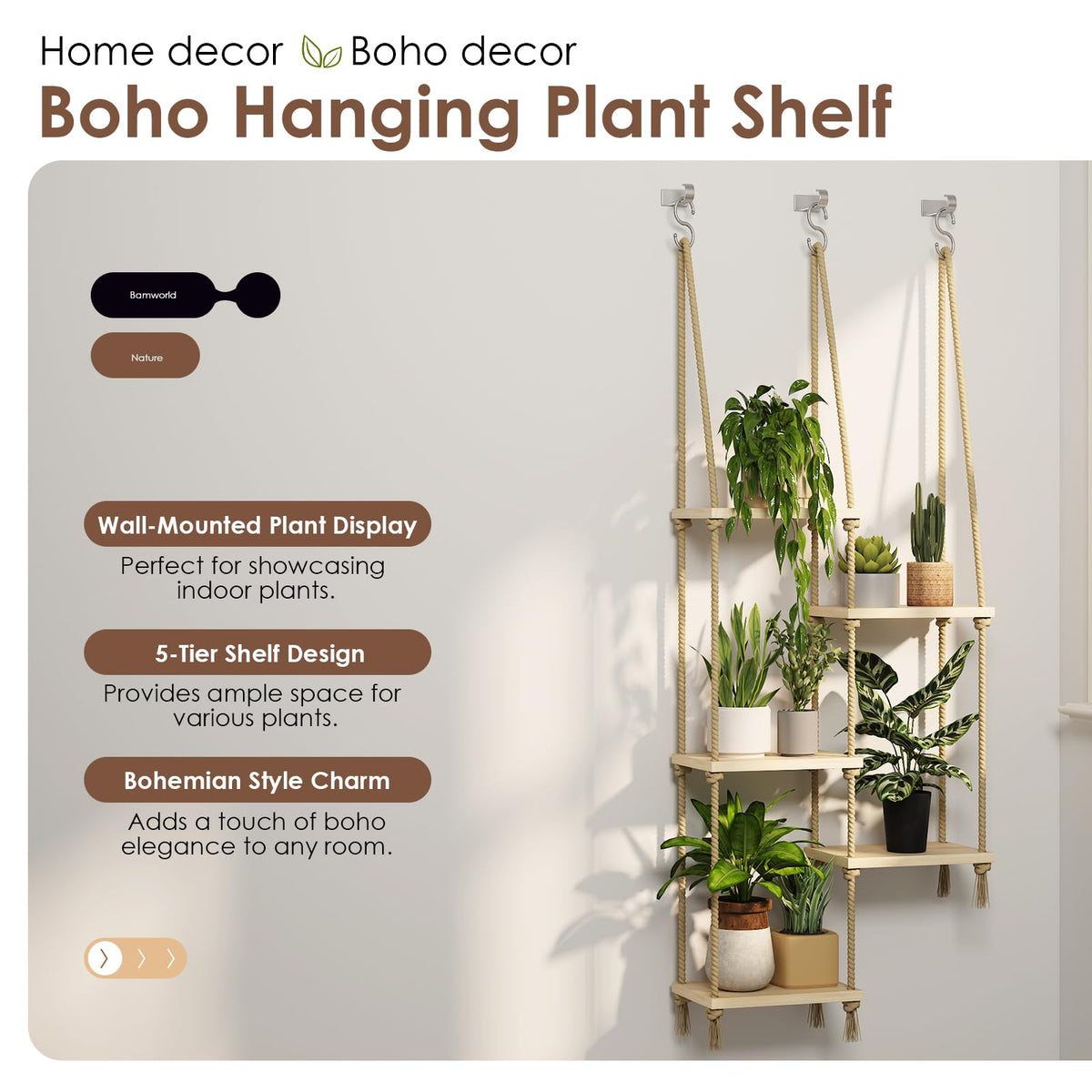 Bamworld indoor wall display featuring multiple plants and shelves