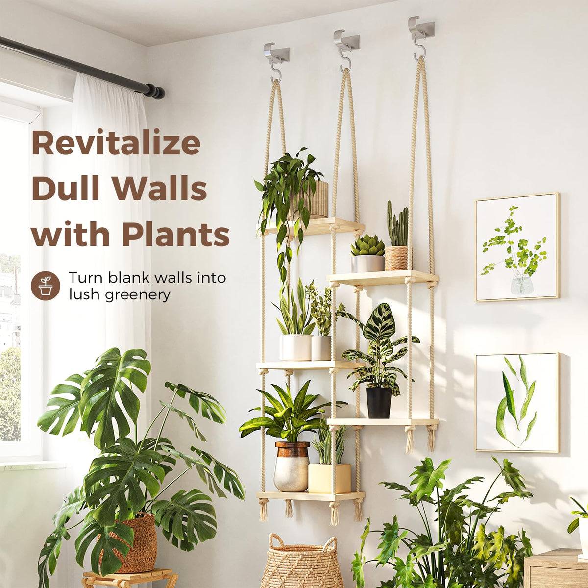 Bamworld wood wall shelf with cascading plants for warm interiors